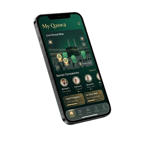 My Qaswa app showing group tracking and ritual guidance